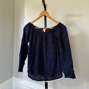 Lilly Pulitzer Enna Top Navy Size XS Off the Shoulder Blouse Pom Poms Hem Rayon